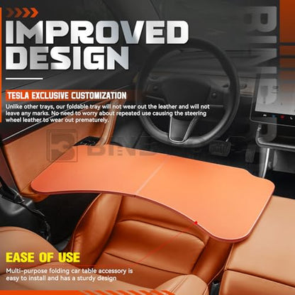 Leather Tray Table Folding Car Table Compatible with Tesla Model 3 Y – Multi-Use Dining Tray & Laptop Stand, Fits Front Driver & Passenger Seats,Orange - color: Orange