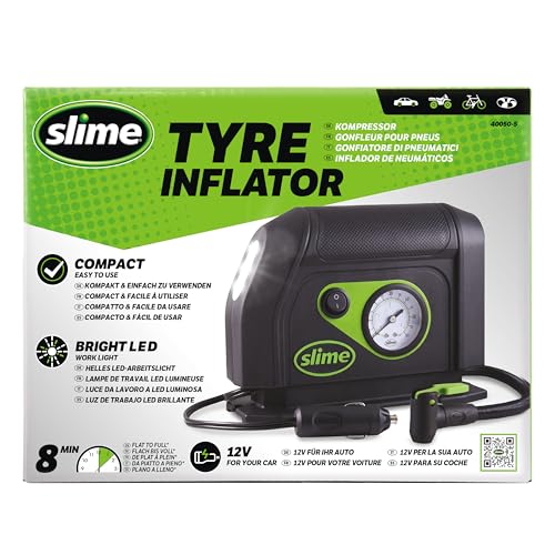 Slime 40050 Tire Inflator, Portable Car Air Compressor, with Analog 100 psi Dial Gauge, Long Hose and LED Light, 12V, 8 min Inflation - style: Analog