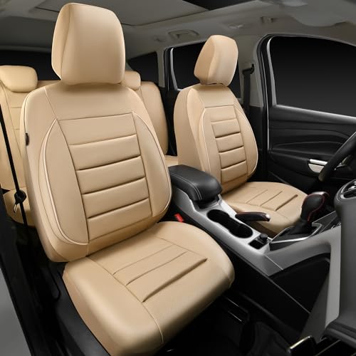 CAR PASS Leather Seat Covers Full Set Universal Water Resistant 3D Foam Back Support, Luxury Comfort Automotive 5 Seat Covers All Season Fit for SUV,Sedan,Van, Airbag Compatible Elegance (Beige) - color: All Beige
