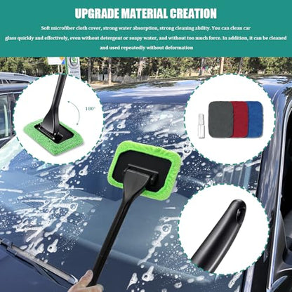Car Windshield Cleaning Tool, Windshield Cleaner, Car Window Cleaner with 4 Washable and Reusable Cloth Pad & Long Handle, Car Accessories Auto Inside Glass Wiper Kit Universal for All Vehicles