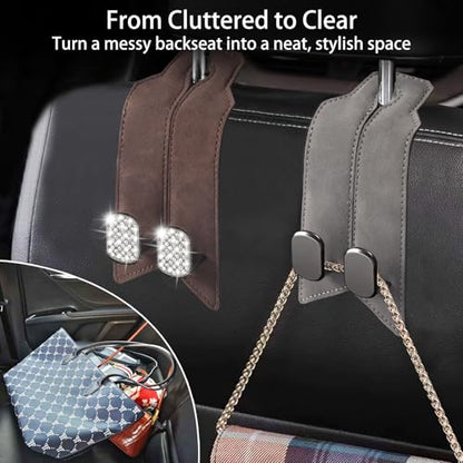 2Pcs Car Headrest Hooks with Premium Leather, Upgraded Double Metal Hooks with Anti-Drop Design, Universal Back Seat Hanger for Bags, Coats, Purses and Groceries (Classic Gray) - color: Classic Gray 2Pcs
