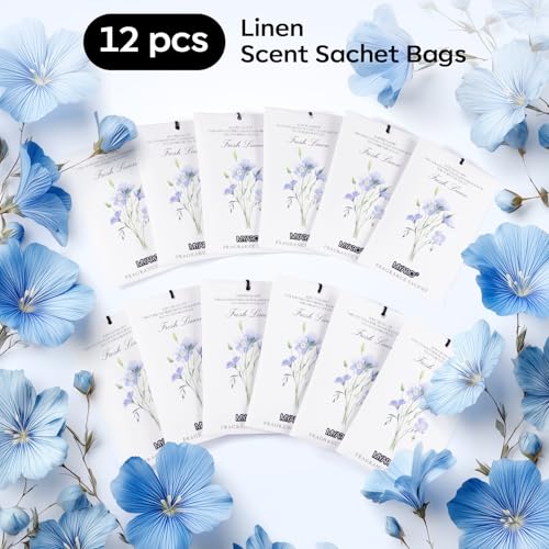 MYARO 12 Pack Fresh Linen Scented Sachets for Drawer, Closet & Car Air Freshener Bags | Odor Eliminator & Fabric Refresher | Crisp, Clean Home Fragrance Gift Set - color: Linen