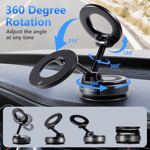 Vacuum Magnetic Suction Car Phone Holder Fold-able and and Hands-Free 360° Adjustable Rotation Phone Mount, Compatible with All Smartphones