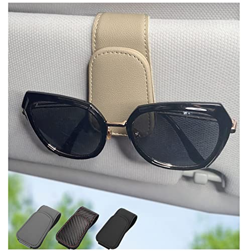 CHOSMOYI Magnetic Leather Sunglass Holder for Car, Sunglasses Clip for Car Visor, Auto Interior Accessories Universal for Different Size Eyeglasses (Beige) - color: Beige