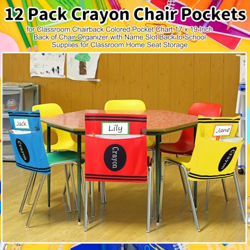 12 Pack Crayon Chair Pockets for Classroom 18.5'' x 19'' Preschool Seat Pockets Kindergarten Crayon Classroom Decor Elementary Back to School Teacher Chair Storage Organizer with Name Slot - style: Crayon
