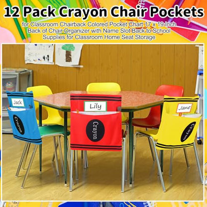 12 Pack Crayon Chair Pockets for Classroom 18.5'' x 19'' Preschool Seat Pockets Kindergarten Crayon Classroom Decor Elementary Back to School Teacher Chair Storage Organizer with Name Slot - style: Crayon