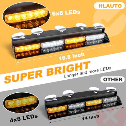 HLauto 604N Emergency Dash Strobe Lights: 2x16.8 inch Amber White Security Light w/Take Down, 48 LED Safety Flashing Warning Hazard Interior Windshield Light Bar for Truck Vehicle - color: #01 Amber / White