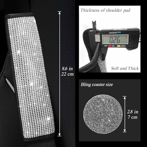 4PCS White Bling Car Seatbelt Strap Covers with Shift Gear Knob Cover & Handbrake Cove for Women Girls - Crystal Rhinestone Velvet Shoulder Pad Protector - Diamond Shine Safety Shoulder Pad - color: B-Sliver 4