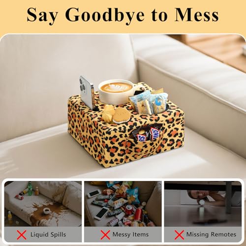 Luxspire Couch Cup Holder Tray, Couch Cup Holder Pillow with 4 Holes, Side Pocket and Handle, Couch Caddy Pillow for Phone/Drinks/Remote Control/Snacks, Leopard Print - color: Leopard Print