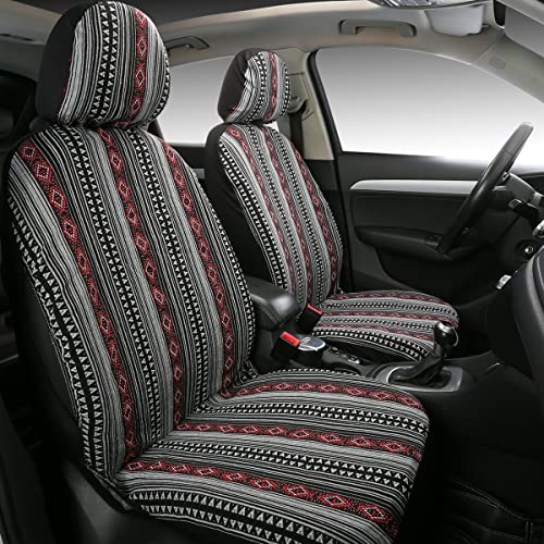 Baja Saddle Blanket Car Seat Covers 4PCS Front, Breathable Washable Striped Woven Automotive Vehicle Seat Cover, Universal Boho Seat Cover for Sedan, SUV, Truck, Airbag Compatible - color: Red and White, size: Front