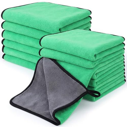 Tallew 12 Pcs Microfiber Towels for Cars, 800 GSM Plush Drying Cleaning Cloth Bulk, 16 x 16 Inch Thick Absorbent Wash Detailing Towels for Car Polishing, House, Kitchen Cleaning(Green) - color: Green