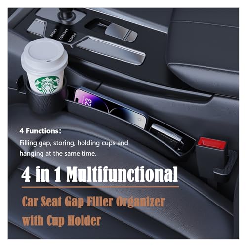 Dual Slot Car Seat Gap Organizer with Cup Holder, Universal Auto Gap Filler Strip 2 Pack with Seat Belt Holes, Carseat Side Gap Guard Spacer Accessories to Fill The Space Between Front Seat & Console - color: Black, 2PCS with Cup Holder & Hook