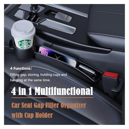 Dual Slot Car Seat Gap Organizer with Cup Holder, Universal Auto Gap Filler Strip 2 Pack with Seat Belt Holes, Carseat Side Gap Guard Spacer Accessories to Fill The Space Between Front Seat & Console - color: Black, 2PCS with Cup Holder & Hook