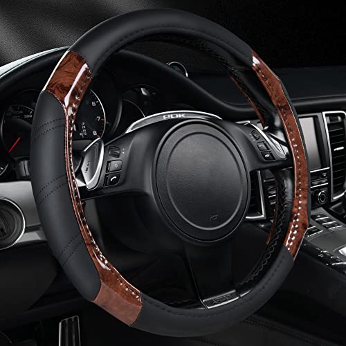 CAR PASS Wood Grain Microfiber Leather Sporty 14.5-15 inch Steering Wheel Cover Universal Fits for 95% Truck,SUV,Cars, Anti-Slip Safety Comfortable Design (Black Wood Grain) - color: Black Wood Grain, size: Standard[14.5"-15"]