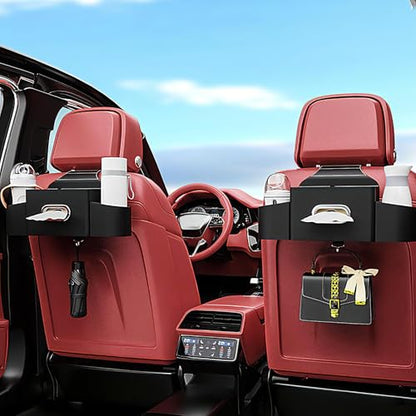 Back Seat Car Organizer with one Towel Leather wood materials Car Back Seat Storage Box 2 Drink Cup Holder Tissue Box for Hold Phone Drinks Handbag Compatible with Most Vehicles (Black)