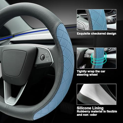 LKWLIKEI Leather Steering Wheel Cover. Elegant Diamond Checkered Design, Non-Slip and Breathable, for Tesla Model 3/Y Steering Wheel Protector,Black Blue - color: Black Blue
