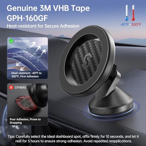 SYNCWIRE MagSafe Car Mount - Flexible Rotation Magnetic Phone Holder for Dash, Strong Magnets, Universal Compatible iPhone, Samsung, Pixel - MagSafe Car Accessories - style: Carbon Fiber