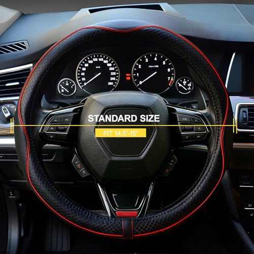 LABBYWAY Microfiber Leather Steering Wheel Cover, Universal 14.5-15 Inch,Anti Slip,Heavy Duty, Thick,Soft,Breathable Car Interior Accessories for Men Women (Black with Red line) - color: Black with Red Line