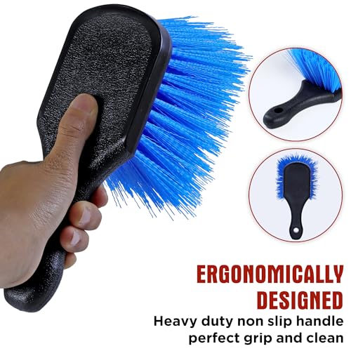 TAKAVU Wheel Tire Brush - Stiff Bristle with Short Handle, Included Detailing Brush - Car Cleaning Kit for Rims, Tires, Interior Vents, Emblems - Scratch Safe (Blue) - color: Blue