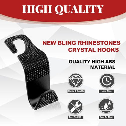 4PCS Car Hooks, Car Seat Headrest Hooks with Sparkling Rhinestone, Universal for Purse, Handbag, Grocery Bags and Coat Vehicle Accessories (Black) - color: Black