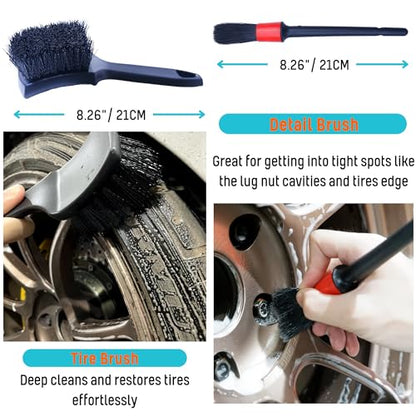 oesee 6PCS Car Wheel Cleaning Detailing Pro Kit, Tire Brush, 2 PCS Soft Wool Rims Brush, Detailing Brush, and Tire Dressing Pads, Scratch-Free & Multipurpose Tire Brush - color: 6 Pack (Blue & Black)