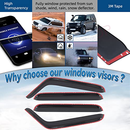 Set of 4 Front+Rear Smoke Sun/Rain Guard Outside Mount Tape-On Acrylic Window Visors Compatible with 07-18 Wrangler JK 4-Door - size: For 2007-2018 Jeep Wrangle