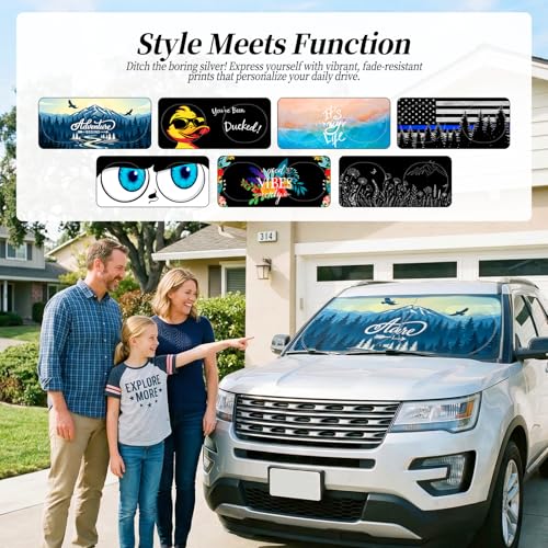 63"x28.5" Car Windshield Sun Shade with Storage Pouch, Stylish Printed Front Window Sunshade with Double Ring Frame, Universal Fit Foldable Heat Blocker & UV Protector for SUV, Sedan (Adventure-Peak) - color: Adventure-Peak