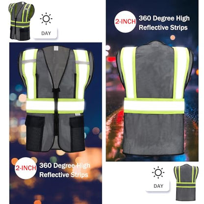 High Visibility Reflective Safety Vest with Zipper and Pockets Translucent Black,M - color: Translucent Black, size: Medium