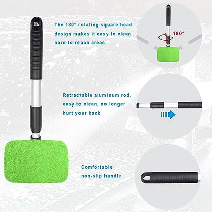 Ziciner Car Windshield Cleaner, Microfiber Auto Cleaning Wiper with Aluminum Extendable Handle and 2 Washable Reusable Cloth Pad Head, Universal Vehicle Interior Exterior Cleaner Kit (Green-Rectangle) - size: Green-rectangle