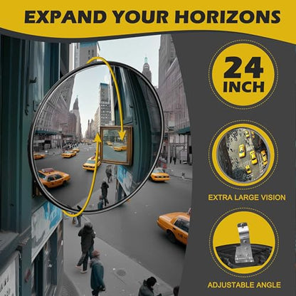 24 Inch Convex Security Mirror, Wall Mounted Wide Angle Safety Mirror for Blind Spot, Adjustable Shatterproof Driveway & Garage Mirror (Black) - size: 24" Wall mounted