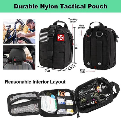 Survival Kit 256 in 1, First Aid Kit Survival Gear Tools Trauma Kit with Molle Pouch for Outdoor, Camping, Hunting, Hiking, Earthquake, Home, Office, Gifts for Men Dad Husband Women - color: Black