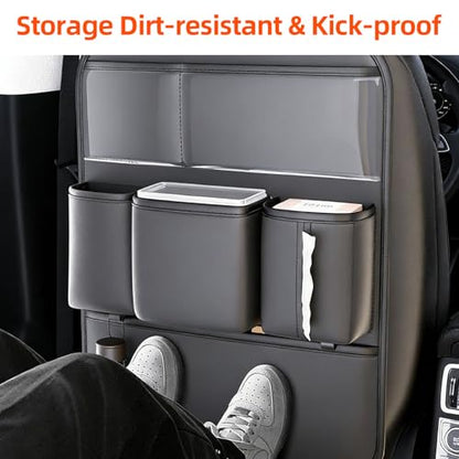 2 Pack PU Leather Premium Car SeatBack Organizer Travel Accessories Kick mats Back seat Protector and Cup Holder Holder Universal Use Seat Covers