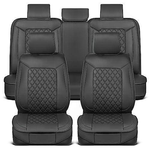 MotorBox Prestige Faux Leather Seat Covers Full Set – Semi-Universal Fit for Cars, Trucks & SUVs – Napa Style 2 Front Seat Covers + Rear Bench – Durable Interior Protector, Easy Install - color: Black, Charcoal, size: Full Set
