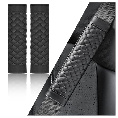 2PCS Car Seat Belt Cover Pad,Soft Leather Seatbelt Covers Breathable Seatbelt Cushion with Plaid Design,All Seasons Universal Car Interior Accessories Seat Belt Cover for Kids & Adults (Black) - color: Black