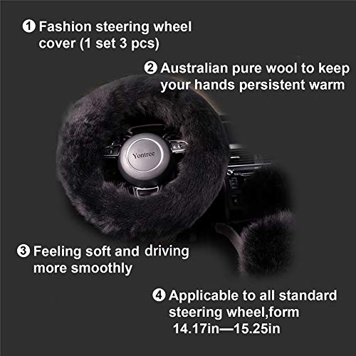 Yontree Fashion Fluffy Steering Wheel Covers for Women/Girls/Ladies/Men Australia Pure Wool Universal 15 Inch 1 Set 3 Pcs (Black) - color: Black, size: Long Wool