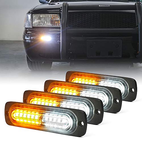 Xprite Amber/White 12 LED Emergency Strobe Lights Kit Surface Flush Mount Side Marker Grill Grille Hazard Warning Flashing Light Head for Off-Road Vehicles ATV Trucks Cars - 4Pcs - color: White Amber, size: 4PCS