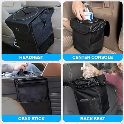 EcoNour Car Trash Can with Lid (1.5 Gallons), Hanging Garbage Can, Water Proof Trash Bag for Car, SUV, Truck, Car Trash Bin (Black), Car Trash Accessories with Multipurpose Storage