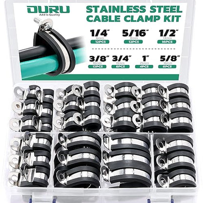 OURU 68PCS Cable Clamps Assortment Kit,7 Sizes Stainless Steel Rubber Coated Cushioned Insulated Cable Clamps-Metal Wire Clamps,Pipe Clamps for Tube,Lines - size: 68 PCS - 7 Sizes