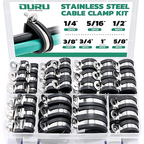 OURU 68PCS Cable Clamps Assortment Kit,7 Sizes Stainless Steel Rubber Coated Cushioned Insulated Cable Clamps-Metal Wire Clamps,Pipe Clamps for Tube,Lines - size: 68 PCS - 7 Sizes