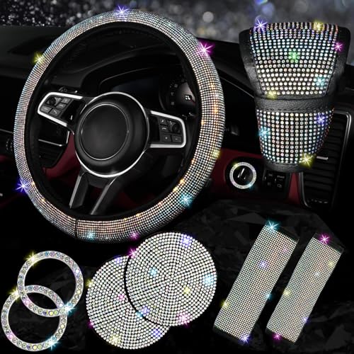 NBTEPEM 8 pcs Bling Car Accessories Set for Women, Steering Wheel Cover, Sparkly Seat Belt Covers, Bling Gear Shift Cover, Universal Fit Most Cars (Multicolor Diamond) - color: Multicolor Diamond, size: Steering Wheel Cover Set