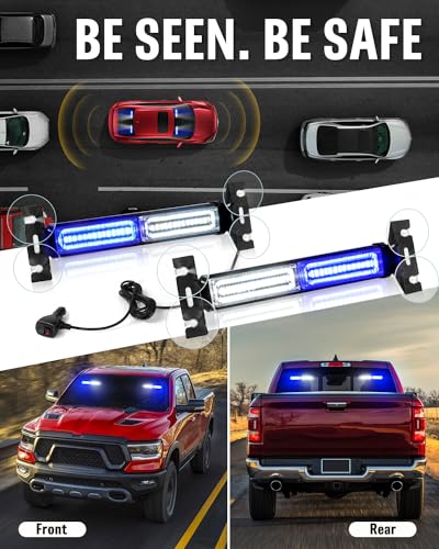 HLauto 1002L Emergency Strobe Traffic Advisor Light Bar: 40LED Dash Safety Warning Flashing Front/Rear Windshield Visor Light for Construction Vehicle, Trucks (2x10.7inch, Blue White) - color: #07 Blue/White
