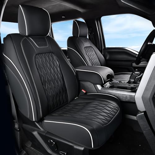 Coverado Premium Leather Front Seat Covers Waterproof Heavy-Duty Protectors Custom Fit for Ford F150 (2015-2026) F250/F350/F450 (2017-2026)-Black w/White Stitching, Wear-Resistant - color: BlackW_line, size: Front