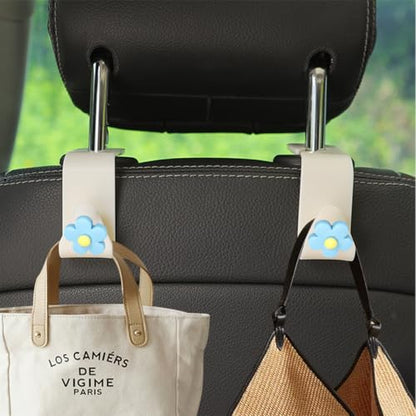 4 PCS Car Headrest Hook, Multifunctional Flower Vehicle Seat Back Storage Hook, Cute Automotive Seatback Organizer Hanger for Purse Grocery Bag Handbag, Universal Fit (Beige/Blue) - color: Beige/Blue