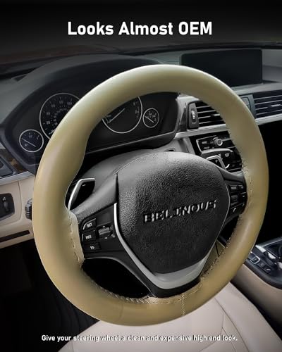 BELINOUS Leather Steering Wheel Cover Lace Up, Stitch on Steering Wheel Wrap, Universal Fit 13-20 Inch Car Truck Pickup Boat, A Whole Piece of Cowhide, DIY w/Needle Thread (Size M0, Beige) - color: Beige, size: M0