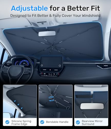 Zanch 2025 Upgraded Car Windshield Sun Shade [Cool Down by 75℉ ] with Heat Insulation Coating, Foldable Sunshade Umbrella Flexible Handle & Ribs, Medium (57''x32'') for Car, SUV, Truck, Van - size: Medium 57''x32''