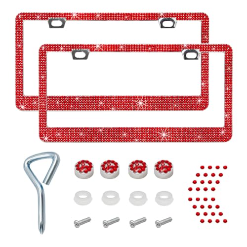 Ziciner Bling License Plate Frame, Sparkly License Plate Tag Cover with Multifaceted Rhinestones, Stainless Steel Crystal License Plate Holder, Universal Exterior Car Accessories (Red, 2PCS) - color: Red, 2PCS