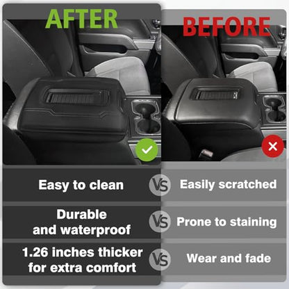 Muslogy Center Console Armrest Cover Fit for Chevy Silverado & GMC Sierra 1500 2500 3500 2014-2018 Accessories, Comfort Armrest Pad Console Lid Cushion Vegan Leather 1-Inch Extra Thick(Bucket Seat) - size: 1) 14-18 |Silverado & Sierra| Bucket Seat, +Thick