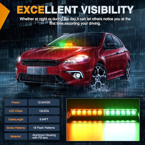 Nilight 12LED Traffic Advisor Strobe Light Bar Amber Green Emergency Warning Hazard Safety Dash Front/Rear Windshield Flashing Lights for Cars Trucks Police Firefighter Plow Construction Vehicles - color: Amber Green