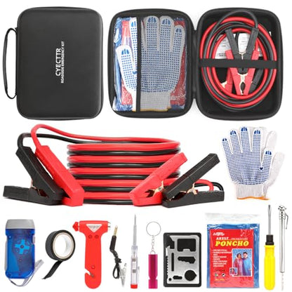 Car Emergency Kit,Auto Vehicle Truck Safety Emergency Road Side Assistance Kits with Jumper Cables,Safety Hammer,Black