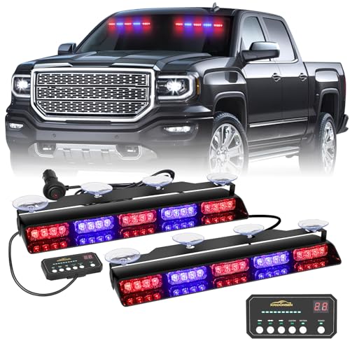 XRIDONSEN 2x 17 inch Emergency Dash Police Lights 40 LED Red Blue Police Light Bar Interior Front/Rear Windshield Strobe Lights Safety Warning Hazard Caution w/Suction Cups for Vehicles Trucks Car - color: Red/Blue